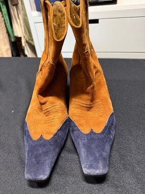 KHAITE Two-Tone Suede Pointed Ankle Boots in Rust and Navy